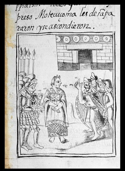 Ms Palat. 218-220 Buch IX Marina dolmetscht für die Spanier bei einem Treffen zwischen Hernando Cortes und Montezuma, aus dem 